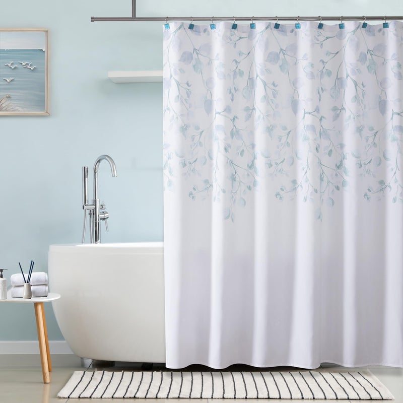 Central Park Teal Blue Leaf Shower Curtain Water Resistant Decorative Sweeping Floral Print Canvas Bathroom Spa Hotel Shower Curtain with Buttonholes (White, 70"x72") - Image 1